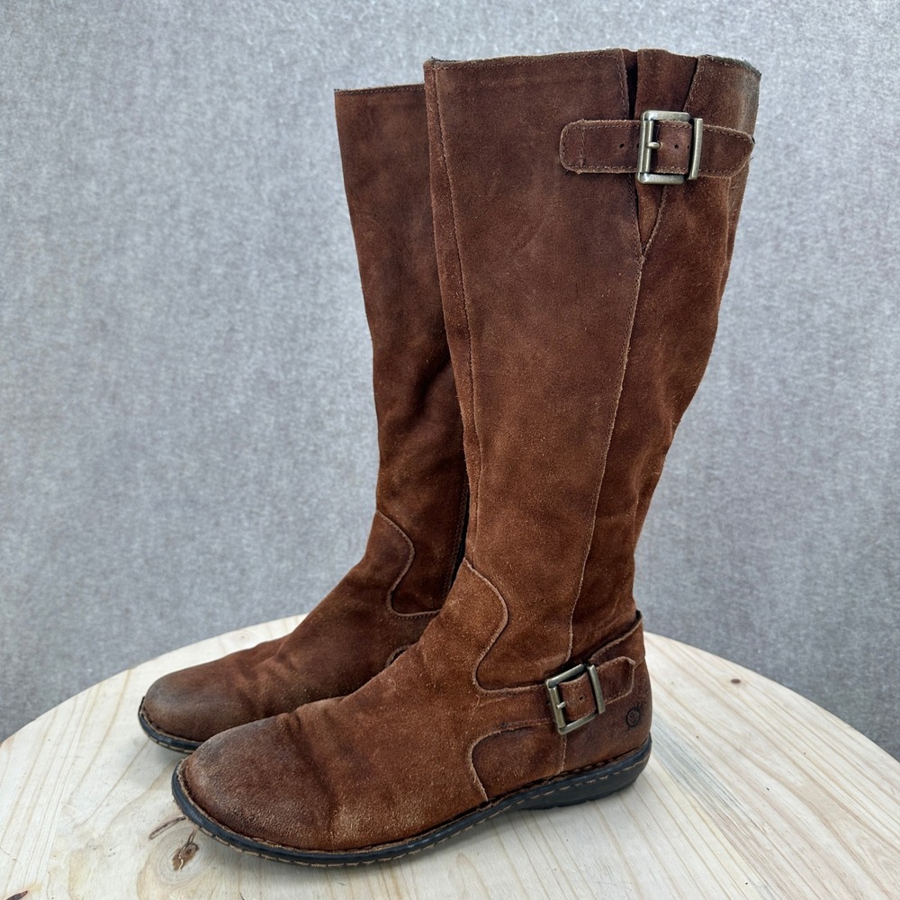 Born Joly Tall Suede Boots Womens 9.5 Brown Double Buckle Strap Knee High Zip